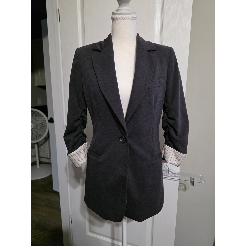 Etcetera Blazer Women 2 Charcoal Ruched 3/4 Sleeve Pinstripe Cuff Stretch Career